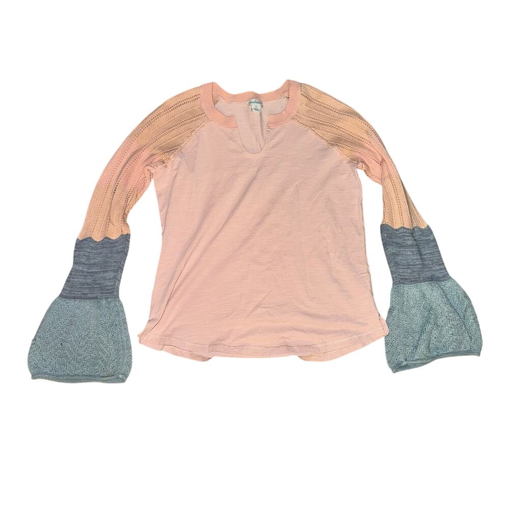 Sundance Cozy Canyon Top Women's Size S Pink Blue Bell Sleeve Crochet V Neck
